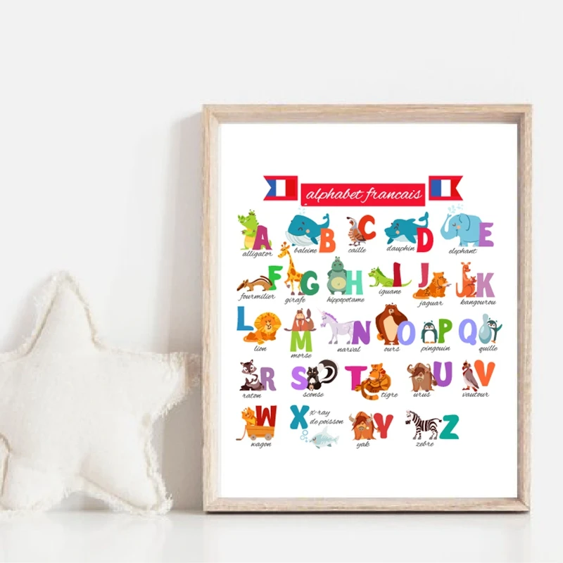 French Cute Cartoon Alphabet with Animals Print Nursery Wall Art Canvas Painting Education Poster Picture Kids Room Decor | Дом и сад
