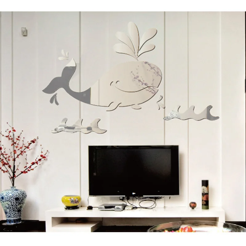 3D Acrylic Mirror Sticker Cartoon Whale Wall Home Bedroom Background Children's Room Green Decorative | Дом и сад