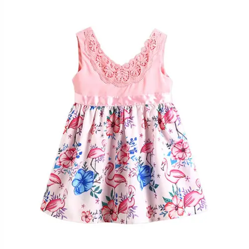 New 2020 Cute Kids Baby Girls Toddler Dress Flamingo Lace Floral Casual Party Dresses Sundress Clothes Outfit | Детская одежда и