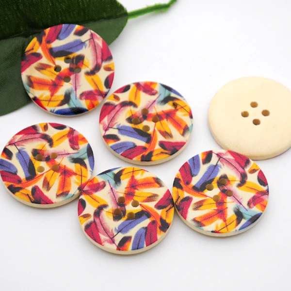 

100pcs/lot 30mm fancy big 4-hole natural round wood buttons painitng colors with leaf design free shipping MM-023