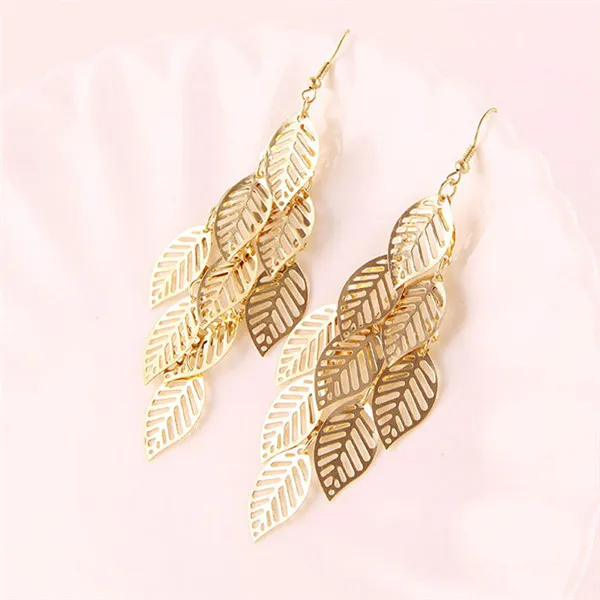 Длинные dangly букле d'oreille выдалбливать женские листьев золотые серьги