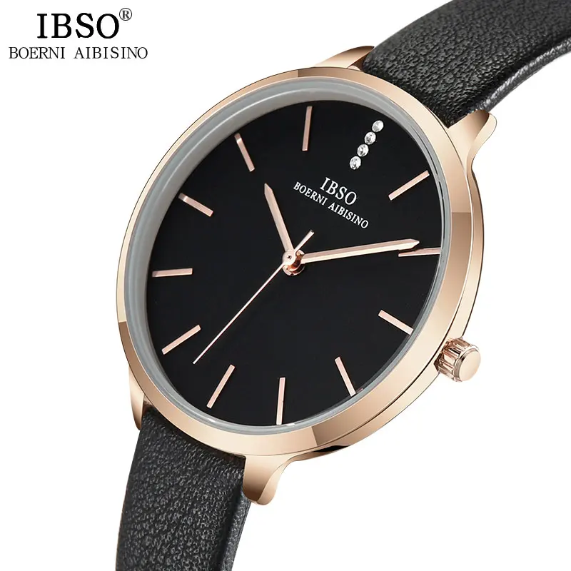 

2019 IBSO Women Fashion Watch Luxury Rose Gold Quartz Analog Watch Blue Leather Strap Ultra Thin Watches for Ladies Montre Femme