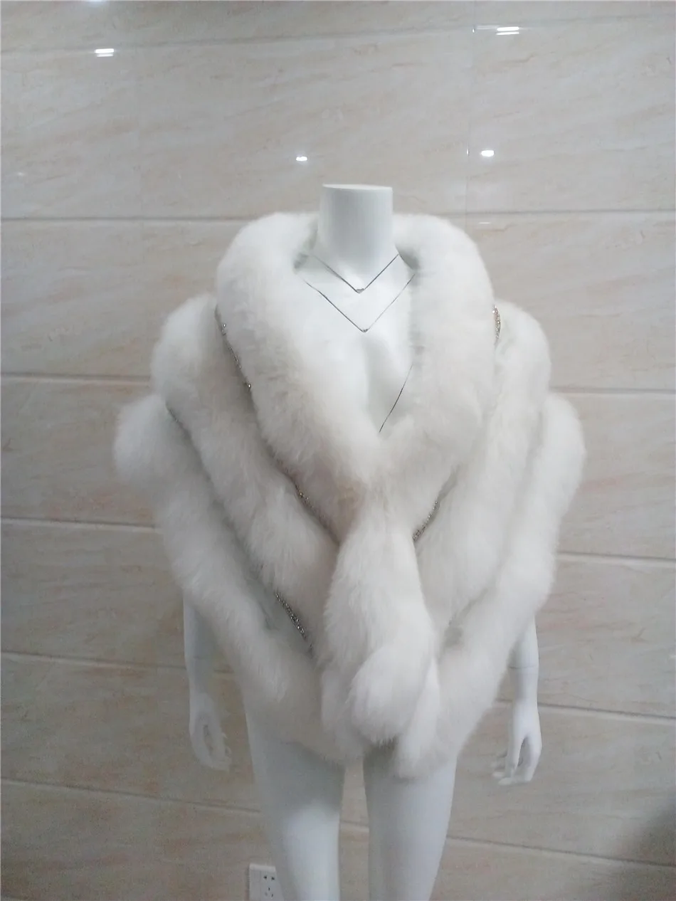 Роскошная Зимняя вечерняя шаль из белого лисьего меха со стразами пончо|white fox