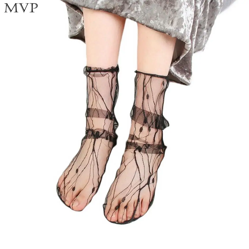 Кружевные сетчатые носки дышащие женские черные короткие в сетку