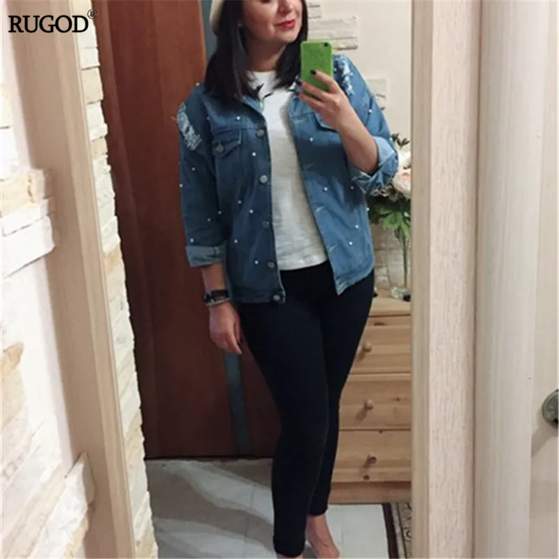 Женская джинсовая куртка Rugod винтажная рваная с бусинами и длинным рукавом