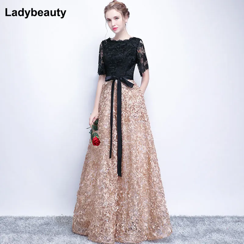 Женское винтажное вечернее платье Ladybeauty черное кружевное длинное