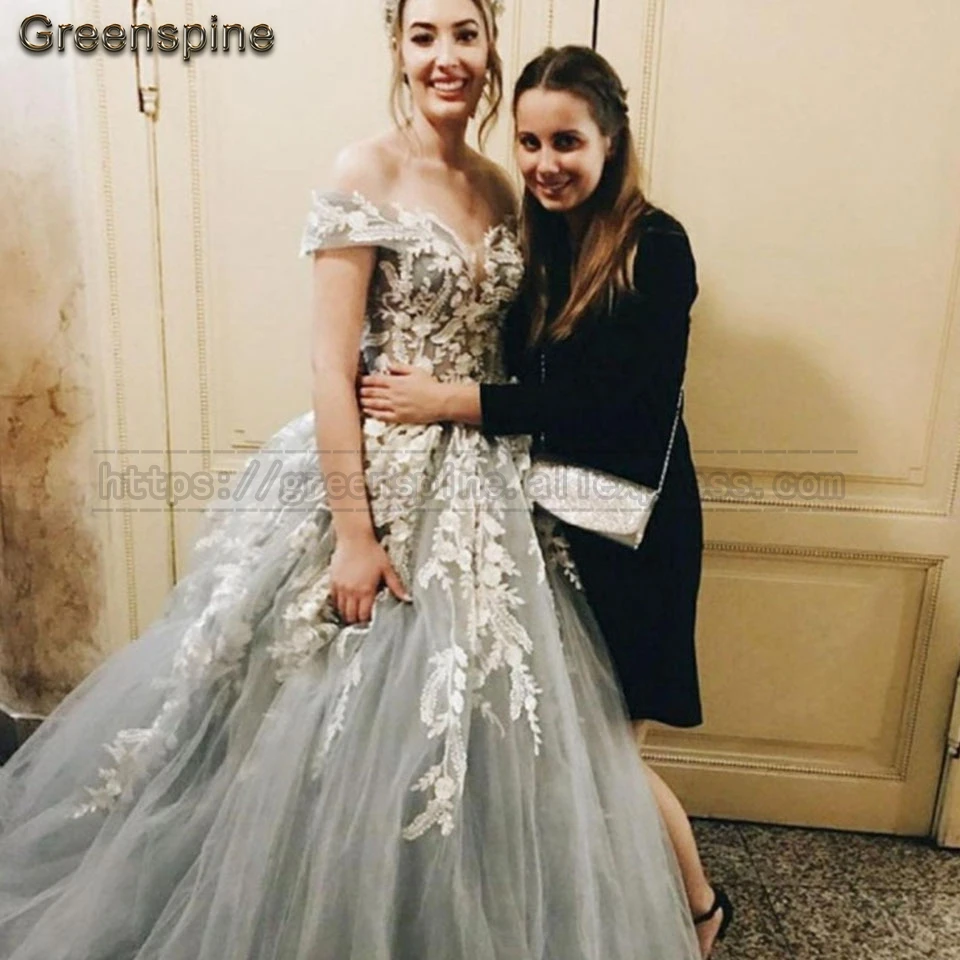 Женское вечернее платье с открытыми плечами Abendkleid серое длинное винтажное