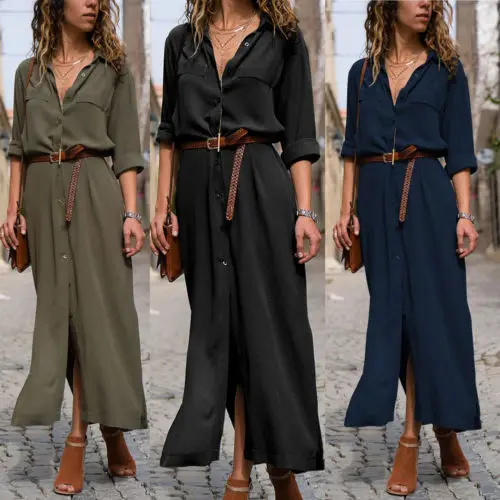 Мода Boho женское платье с длинным рукавом летние кнопки ремень галстук сплошной