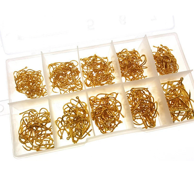 500 шт. Золотые рыболовные крючки с отверстием снасти коробка 3 #-12 #10 размеров из