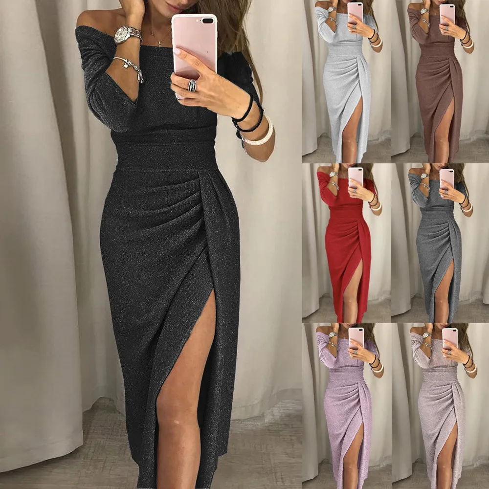Дропшиппинг костюмы для женщин с открытыми плечами высокий разрез Bodycon платье рукав платья вечерние подружек невесты Бесконечность халат Longue Femme