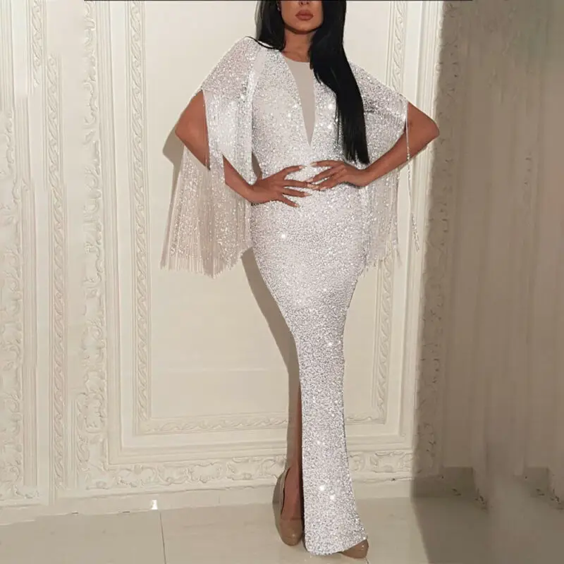 Women V-neck Bodycon Sequins Dresses 2019 New Tassel Bing Slim Glitter Elegant Ladies Party Formal Dress S-XL | Женская одежда