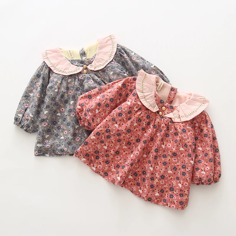 Теплая детская одежда из хлопка платье с рукавами фонариками и воротником Питер