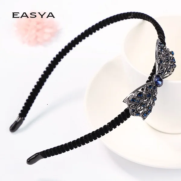 Blue EASYA смешанные стили ободок с бабочкой аксессуары для волос для женщин и девушек винтажные Стразы повязка на голову блестящая кристальная повязка с бантом - Цвет: Blue