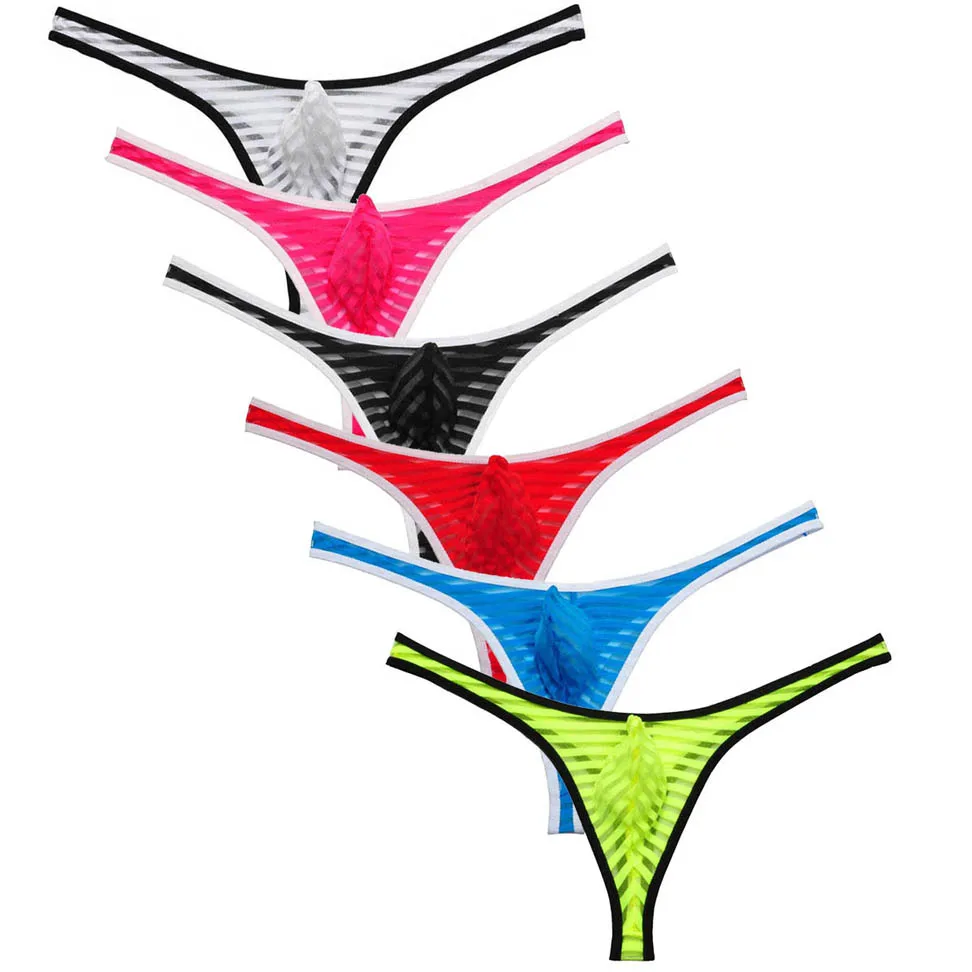 

6Pcs/Lot Men's Mesh Striped Thong Underwear Pouch T-Back Pants G-String Spun Yarn Bikini Thong