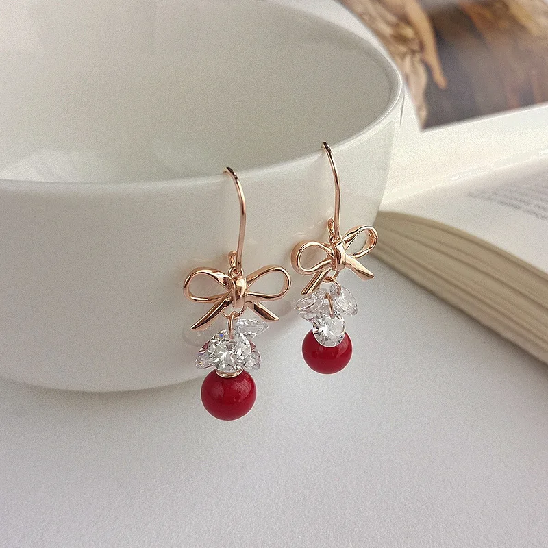Silvology 925 Sterling Silver Bow Zircon Red Bead Female Earrings Rose Gold Creative Texture Drop Friendship Jewelry | Украшения и
