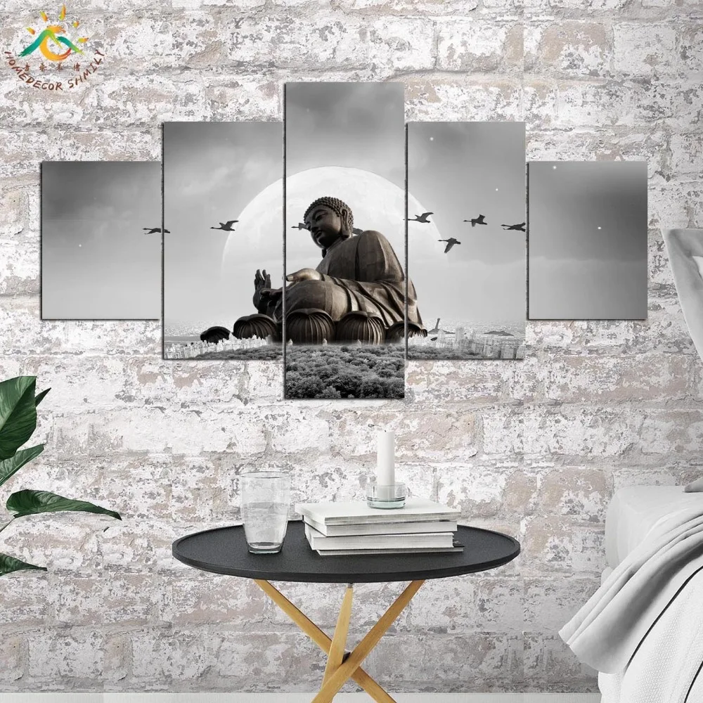 Buddha Black Status Wall Art Canvas Painting Posters and Prints Decorative Picture Decoration Home For Living Room 5 PIECES | Дом и сад