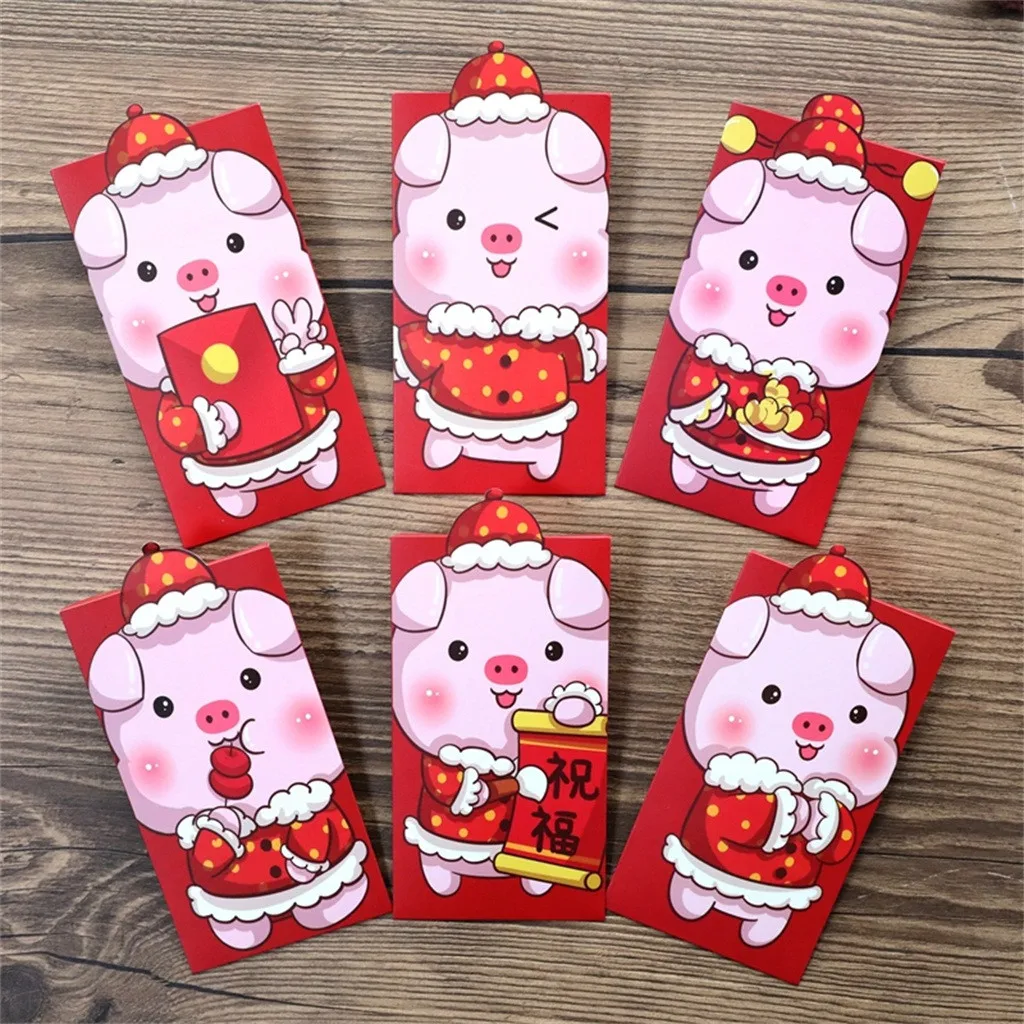 6 шт./компл. 2019 новогодний поросенок мультфильм красные пакеты Hong Bao Lucky Money