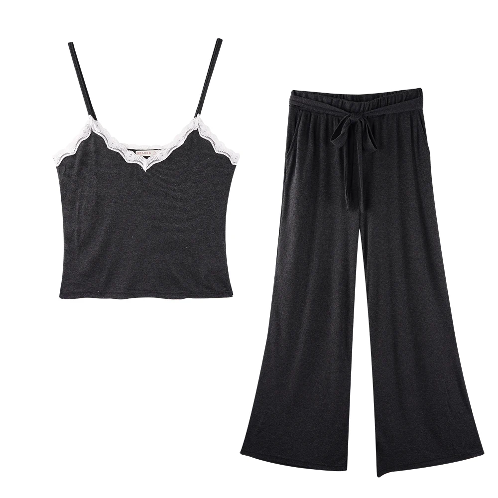 

Solid Lace Patchwork Women's Pajamas Sets V-neck Camis Tops Drawstring Pocket Long Loose Pants Summer Spring Sleepwear Pajamas
