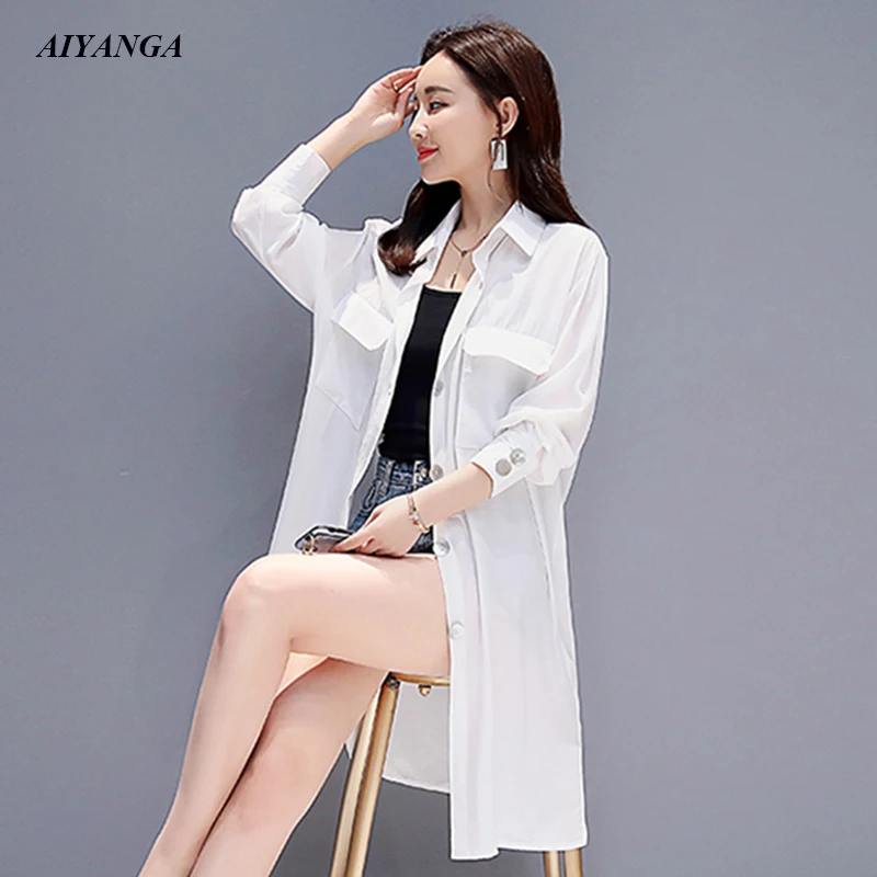 Long White Blouses For Women 2019 Spring Summer Shirts Female  Long Sleeve Outerwear Loose Tops Single-breasted Thin Coats