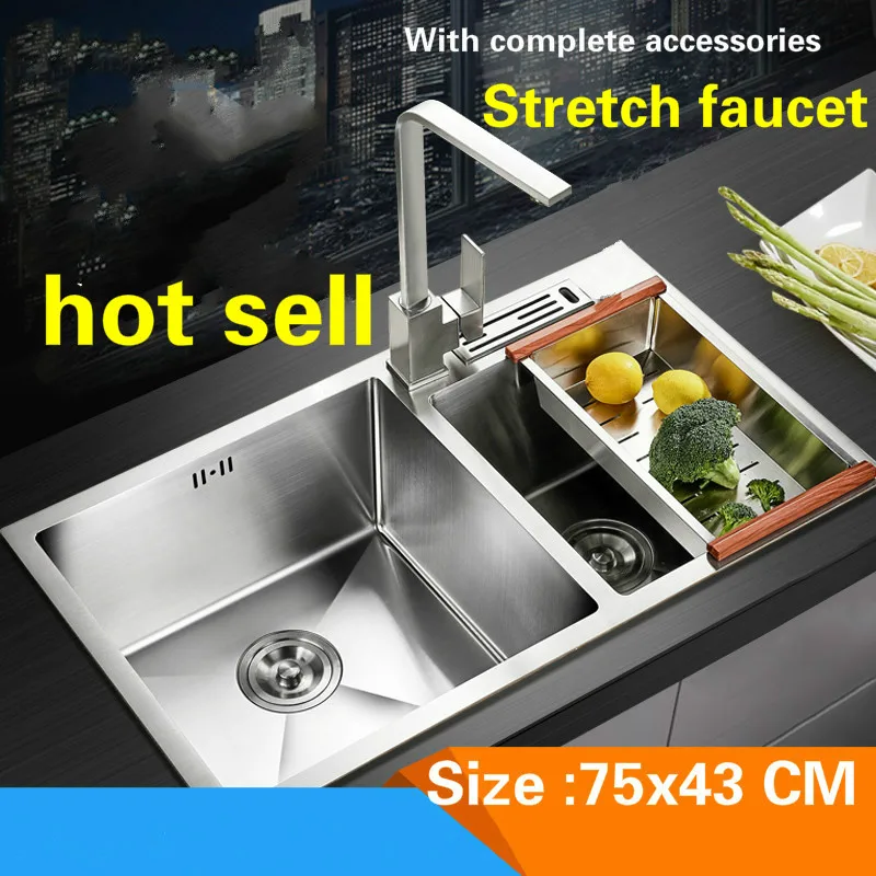 

Free shipping Kitchen sink ordinary 3 mm double groove food grade 304 stainless steel durable stretch tap hot sell 75x43 CM