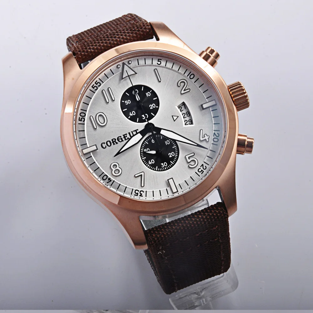 Corgeut 46 мм белый циферблат rosegold PVD чехол Полный Хронограф Мужские кварцевые наручные часы