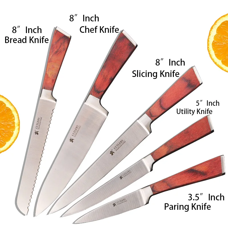 A BRAND Kitchen knife Slicing Meat Cutting High Carbon Stainless Steel Chef Knives Wood Handle Bread Vegetable Sharp Blade Knife - Color: 5 Pieces