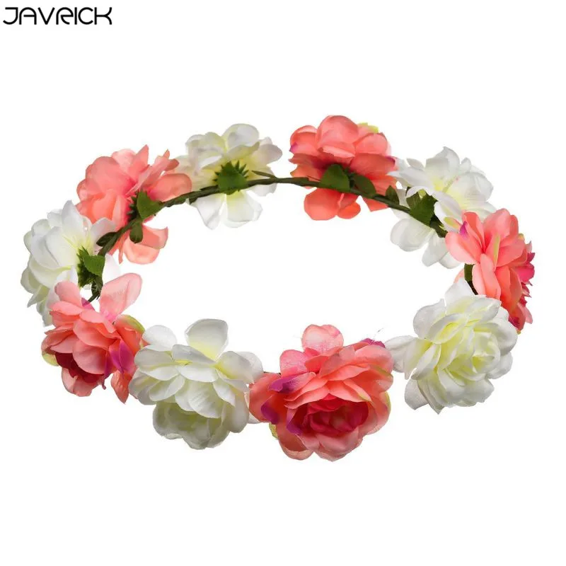 Coral Color JAVRICK, Женская богемная пляжная повязка-венок, контрастный цвет, искусственный цветок розы, корона, венок для волос, Свадебный ободок для вечеринки - Цвет: Coral Color