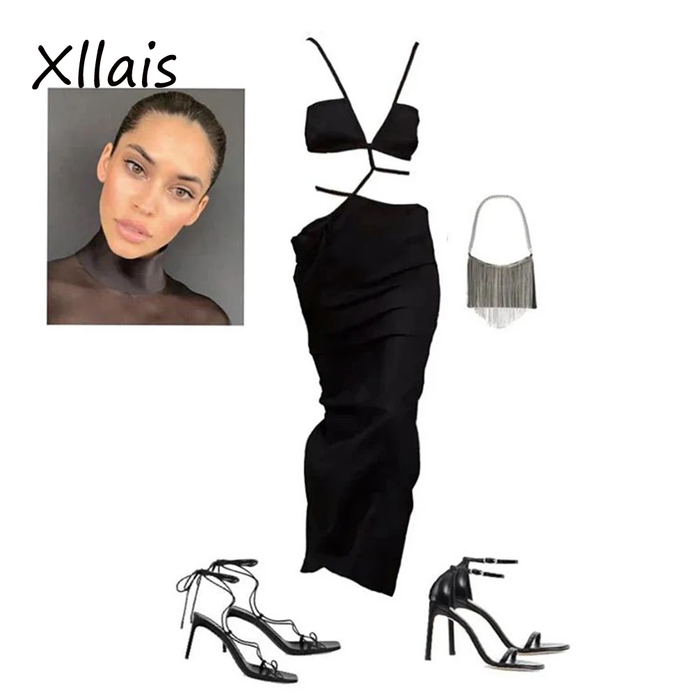XLLAIS Including Tops Women Sexy Solid Color Bandage Dress Elegant Backless Sleeveless Hollow Bodycon Party Club Long Dress