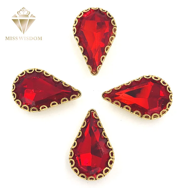 

New arrive 8X13mm Red teardrop sew on rhinestones gold base lacy claw glass crystal pear shape rhinestones Diy accessories