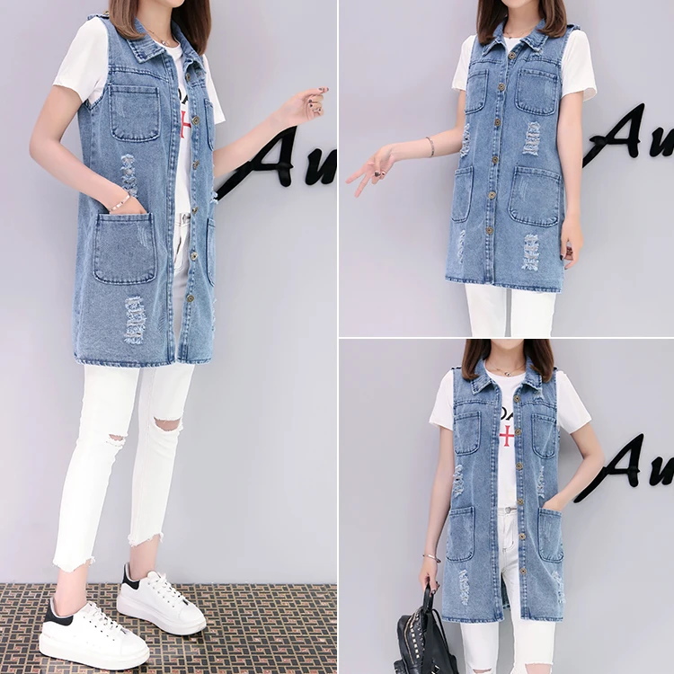 Весна Осень Новые Модные женские длинные голубые джинсы куртка пальто жилетки