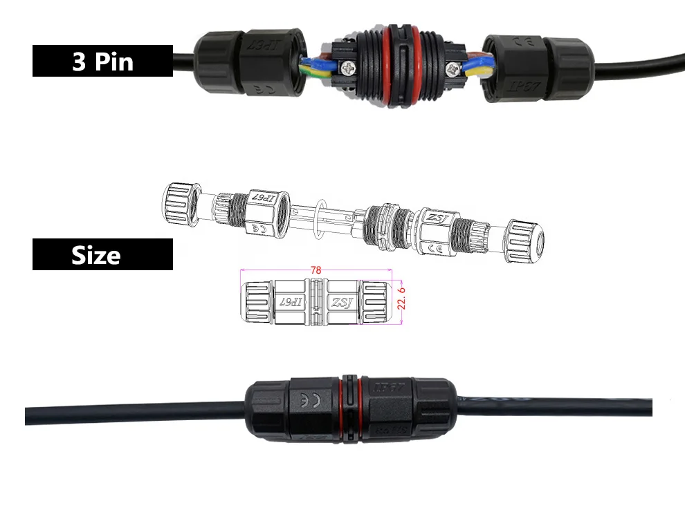 IP67 водонепроницаемый разъем 2 Pin 3 Pin электрический терминал адаптер провода разъем прямой/T Форма для наружного светодиодный светильник