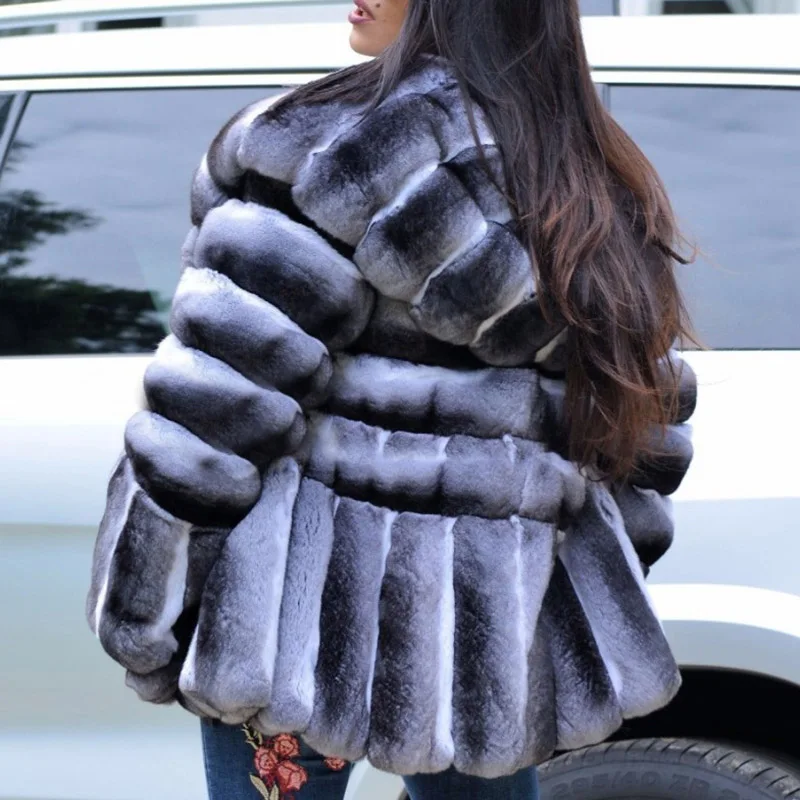 Medium Length Natural Fur Coat Women Real Rex Rabbit Fur Jackets With Hood Chinchilla Color Luxury Fur Overcoats 2022 Trendy