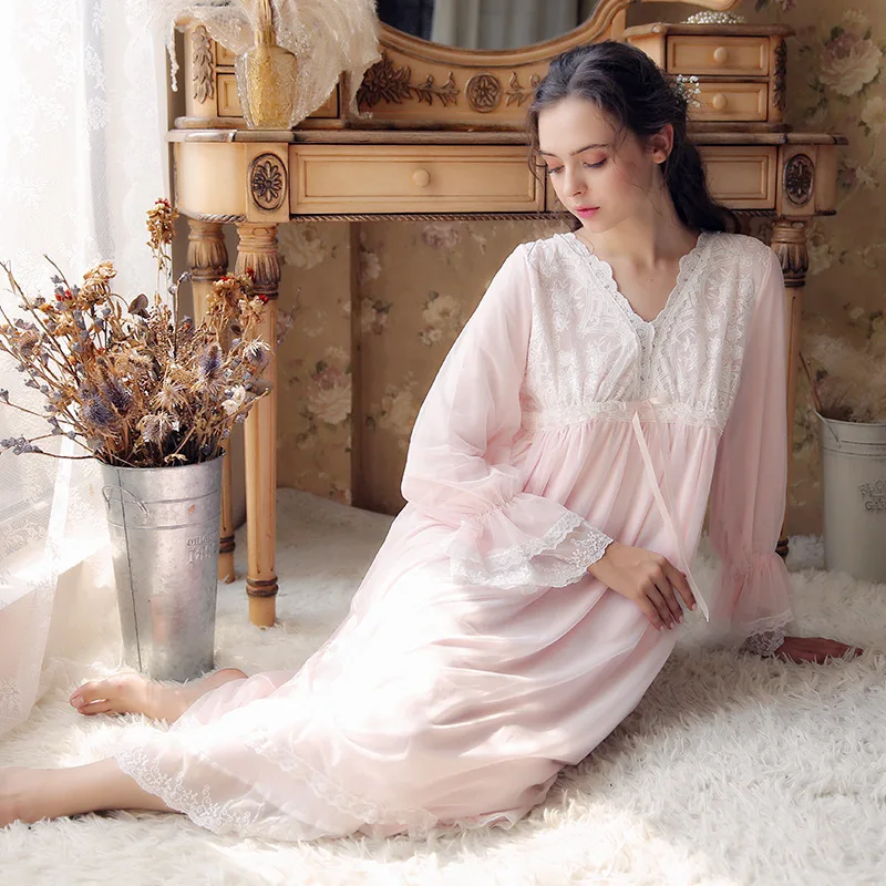 European Palace Style Vintage Night Dress Plus Size Lace Sleepwear New Spring Long Pink Cotton Nightgowns Elegant Home | Женская одежда