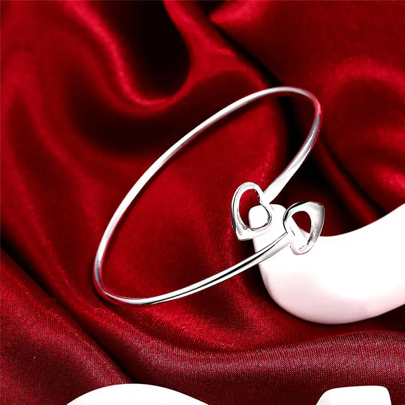 HZYMEZ Fashion Double Love Heart Bangle Metal Open End Cuff Bracelets &amp Bangles Silver Color Plated Jewelry For Women Jewelery |