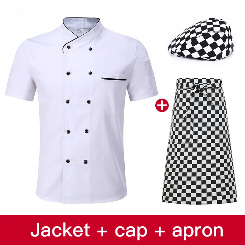 Jacket apron hat Унисекс, форма для ресторана, для хлебобулочных продуктов, с коротким рукавом, дышащая, двубортная, новая, для шеф-повара, Униформа, одежда для приготовления пищи - Цвет: Jacket apron hat