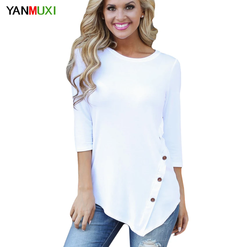 Осень-зима 2018 женские футболки повседневные три четверти кнопки белые с круглым