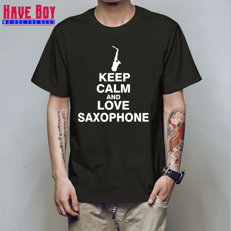 У мальчика Для мужчин футболка новые саксофон хлопок короткий рукав Keep Calm And Love