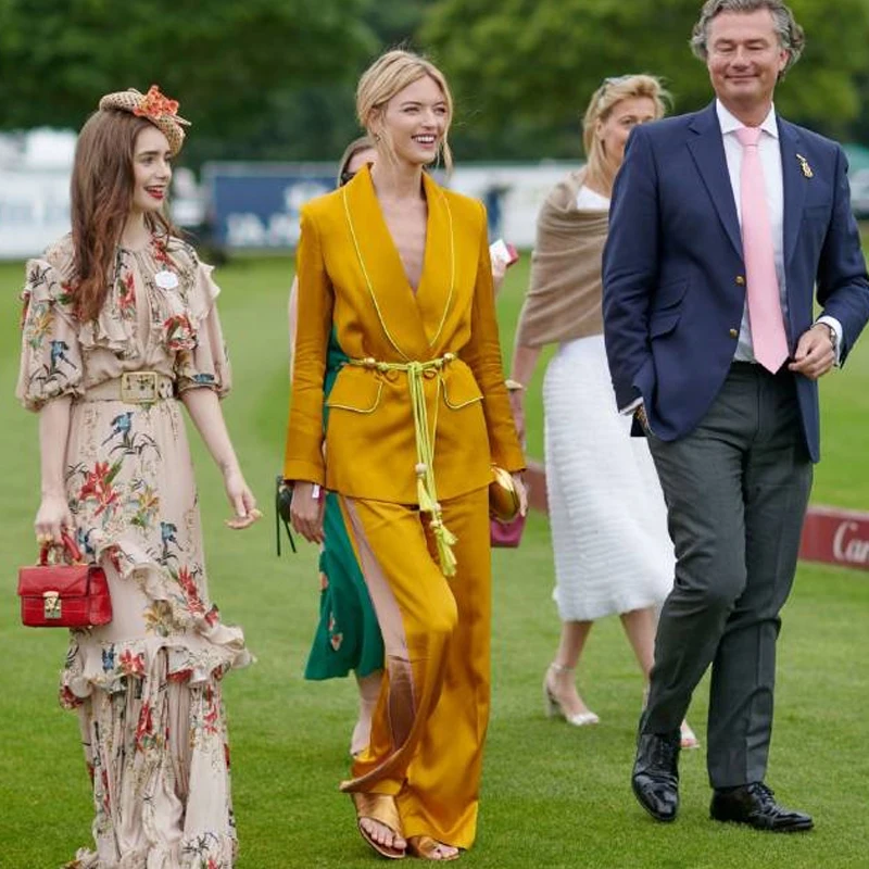 Brand 2019 Office Lady Elegant Yellow Pants Set Women Suit Double Breasted Blazer Coat + Loose Wide Leg Pant 2 Pieces Set Y246