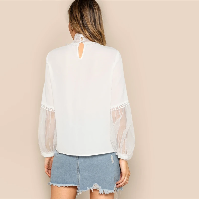 SHEIN Топ С Оригинальным Рукавом И Кружевной Аппликацией Женские Белые Элегантные Блузки Со Стоячим Воротником