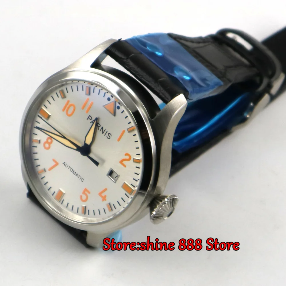 Мужские часы Parnis 47 мм с белым циферблатом оранжевые метки раскладная застежка