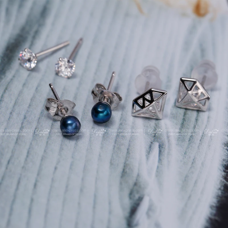 DAIMI геометрические серьги 2017 новые 3 4 мм пресноводные жемчужные гвоздики 925 пробы