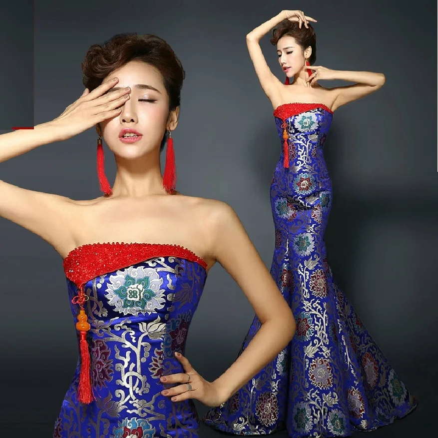 Женское вечернее платье Qipao королевское синее длинное без бретелек с открытой