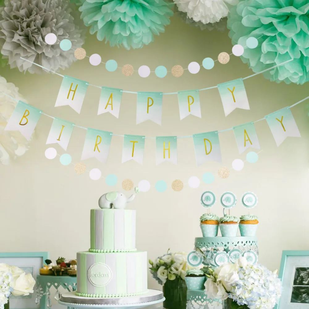 

Mint Green Birthday Party Decoration Set Happpy Birthday Banner Dots Garland Hanging Swirl Decor Tissue Paper Pom Pom Flowers