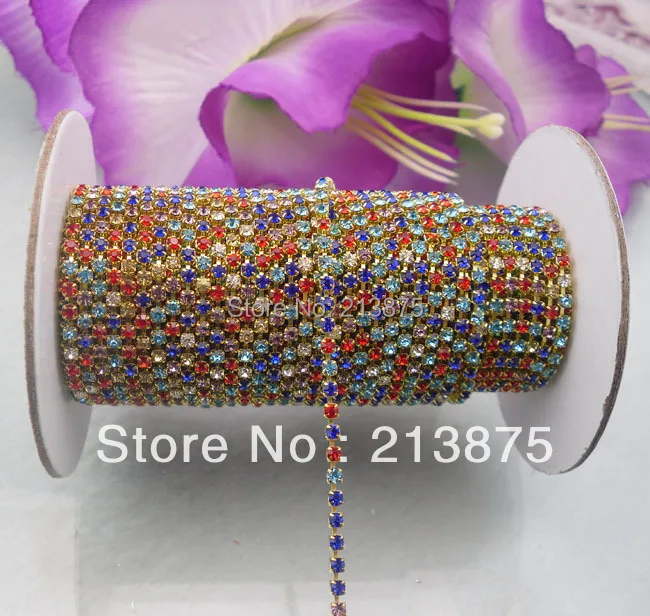 

Free shipping SS6 Mix color 2mm crystal glass rhinestone close Golden chain trims Applique 10 yards