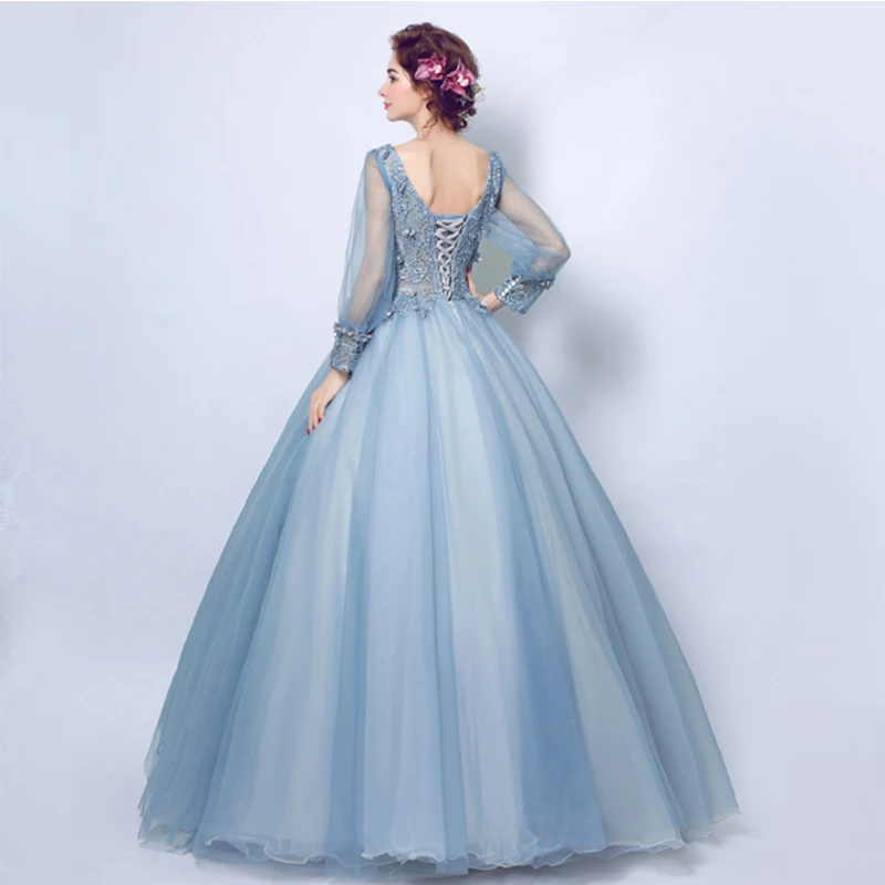 V-neck Illusion Princess Quinceanera Dresses Long Sleeves Puffy Ball Gowns Smoke Blue Vestido Quinceanera Debutante Sweet 16 images - 6