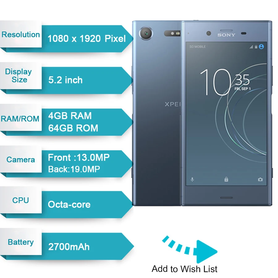 Оригинальный Sony Xperia XZ1 G8341 с одной Sim картой 4 Гб ОЗУ 64 ПЗУ 5 2 дюйма Восьмиядерный