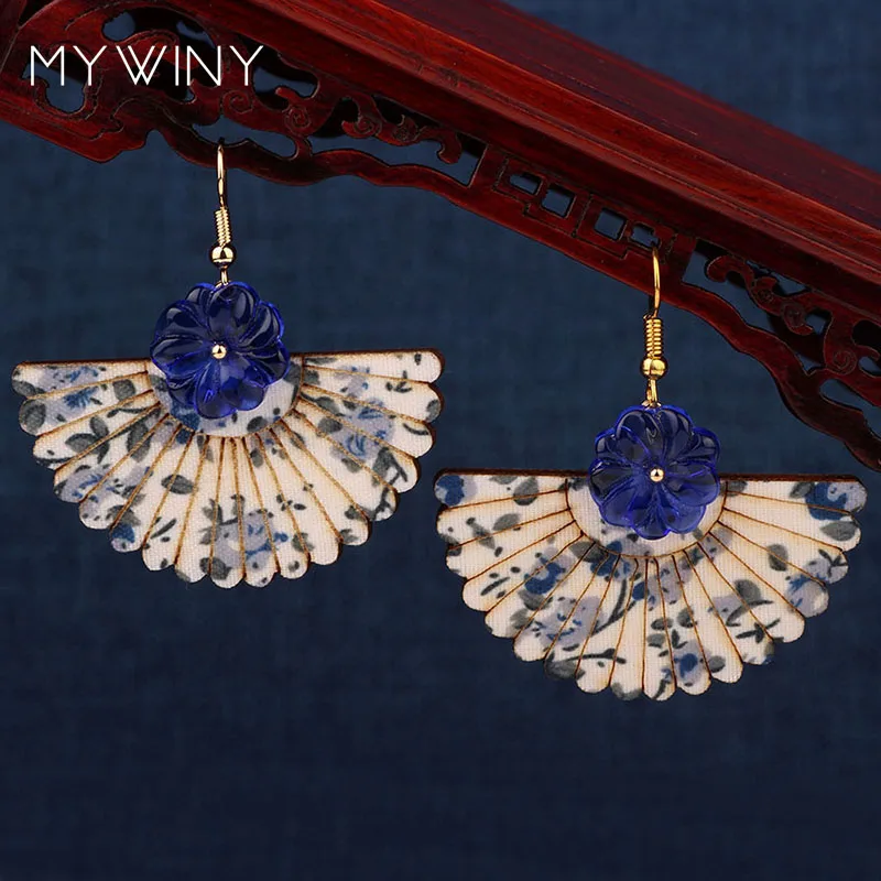 Серьги в форме веера MYWINY из дерева с тканевым узором 2 цвета | Украшения и