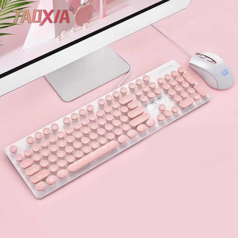 Pink Клавиатура и мышь набор Проводная Игра офисная записная книжка для девочек Настольная компьютерная клавиатура Бесшумная мышь тонкий стиль ретро, Панк клавиатура - Цвет: Pink
