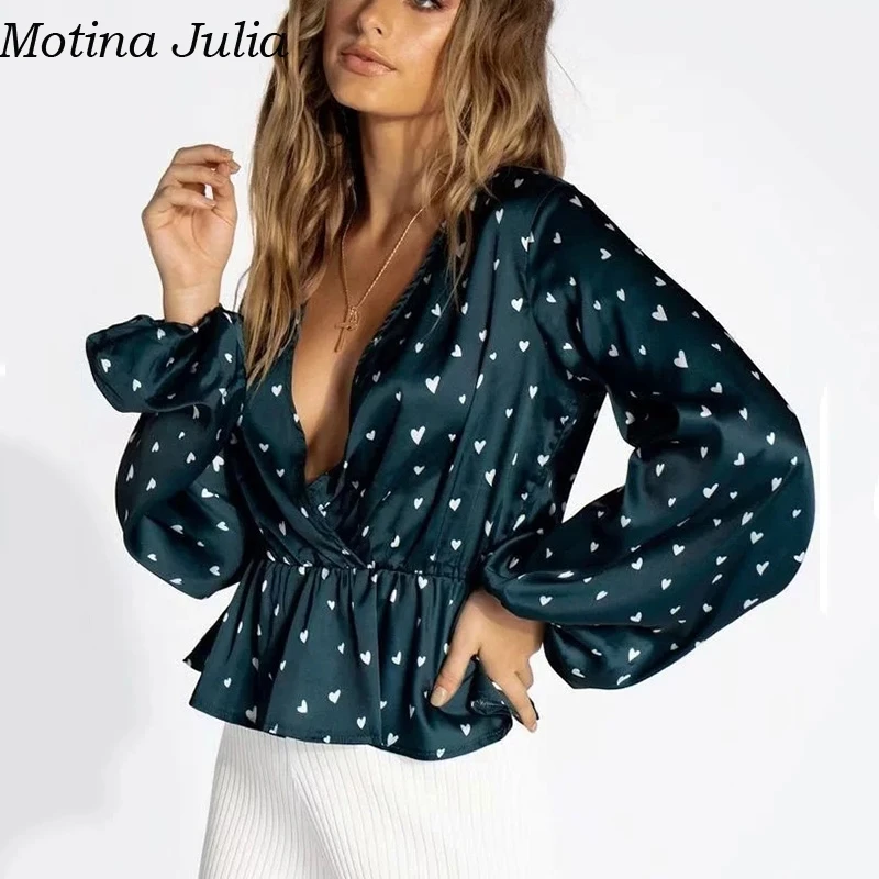 Motina Julia/стильная блузка с v образным вырезом и принтом в виде сердца женские