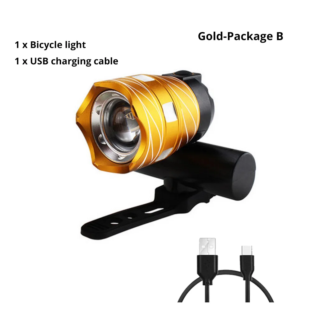 PackageB-gold USB Перезаряжаемый велосипедный светильник, уличный водонепроницаемый велосипедный светильник с зумом, 3 светильник, Ночной светильник, подходит для ночного велоспорта - Цвет: PackageB-gold
